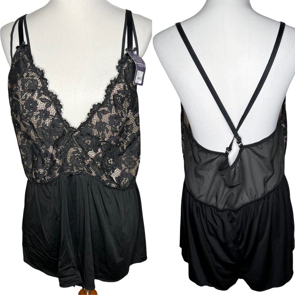 Cacique Black Lace Sleep Romper Teddy Lingerie Bodysuit Plus Size 18 20 1X NWT